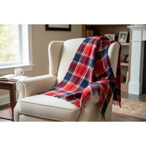 Wool O The West Vintage 100% Wool Plaid Blanket Red‎ Navy Blue Fringe Throw USA